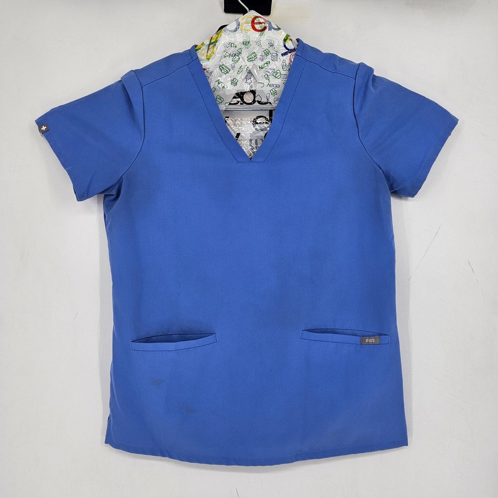 FIGS Scrub Top Womens Small Casma Three Pocket Technical Light Blue FLAWS